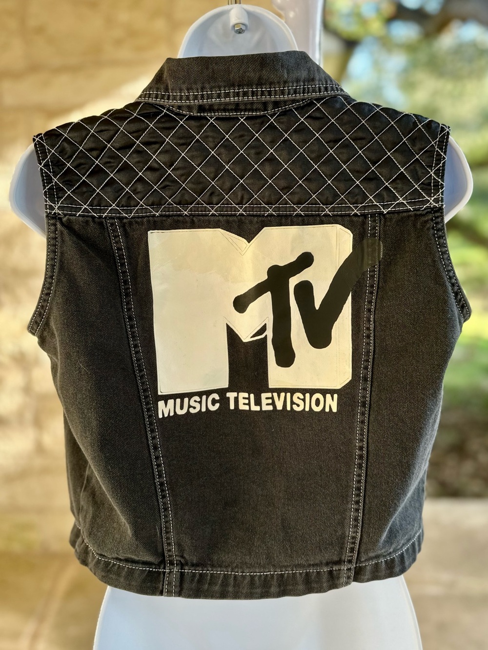 Vintage Fore Warned MTV Faded Black Denim Quilted Vest or “Battle Jacket”